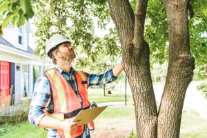 Arborist with an orange vest and clipboard inspecting a tree on the property of an Alton, IL resident.