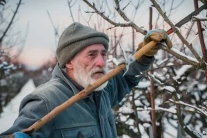 An elderly man pruning his trees during winter to help prep his orchard for spring in Alton IL.