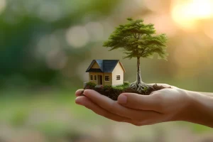 A hand gently holds a small house and tree, signifying the importance of residential tree care in Alton, IL.