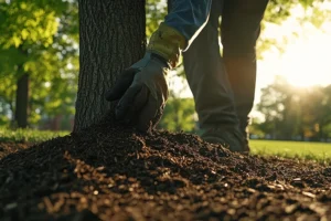 Madcow Tree Service – Up-close image of a hand placing mulch around the base of a tree in Florissant, MO.