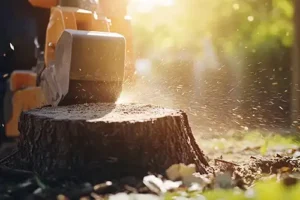 Madcow Tree Service – Close-up image of a machine grinding a tree stump in the yard of a Fairview Heights, IL resident.