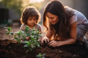 Madcow Tree Service—A young mother and her child plant a tree in their Alton, IL backyard.