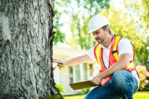 A Madcow Tree Service professional inspects a tree while holding a clipboard in Jerseyville, IL.