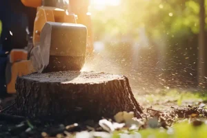 Madcow Tree Service – Close-up image of a machine grinding a tree stump in the yard of a Fairview Heights, IL resident.