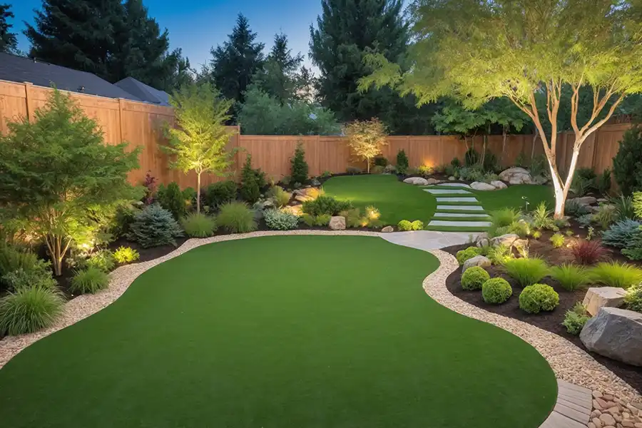 Madcow Tree Service—Contemporary landscaped backyard in Jerseyville, IL, with plants and trees.