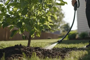 Madcow Tree Service—A man waters a newly planted tree in a yard in Edwardsville, IL.