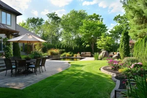 Madcow Tree Service—A beautiful backyard landscape with several varieties of trees providing shade and beauty to a home in Fairview Heights, IL.