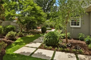 Madcow Tree Service—A backyard landscape with trees and bushes outside a home in Alton, IL.
