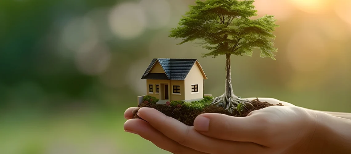 A hand gently holds a small house and tree, signifying the importance of residential tree care in Alton, IL.